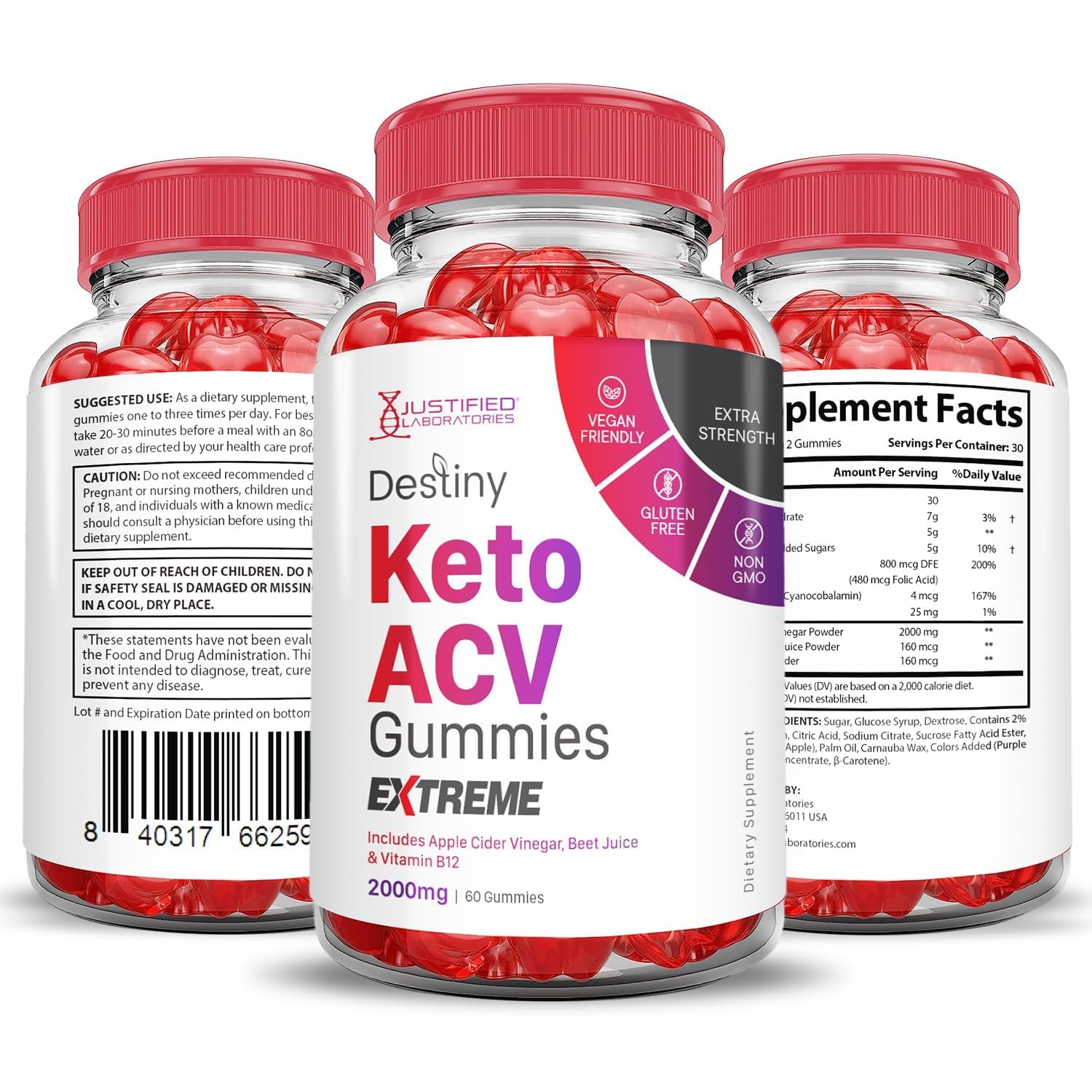 Justified Laboratories Destiny Keto ACV Gummies, pack Destiny de 5 frascos para ahorro