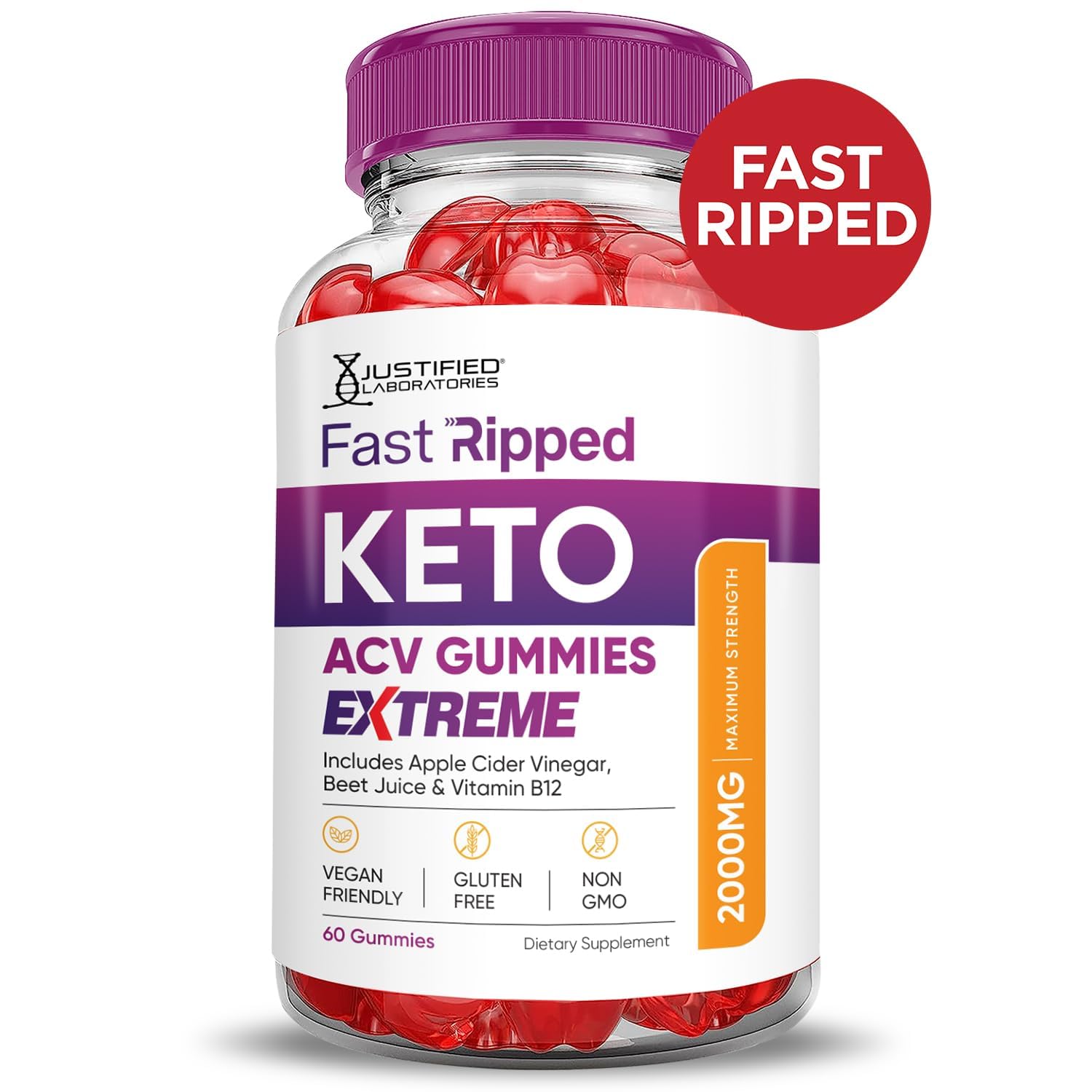 Justified Laboratories Fast Ripped ACV Gummies sabor frambuesa irresistible.