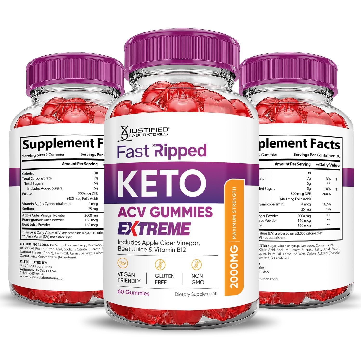Justified Laboratories Fast Ripped ACV Gummies libre de gelatina y apto para veganos.