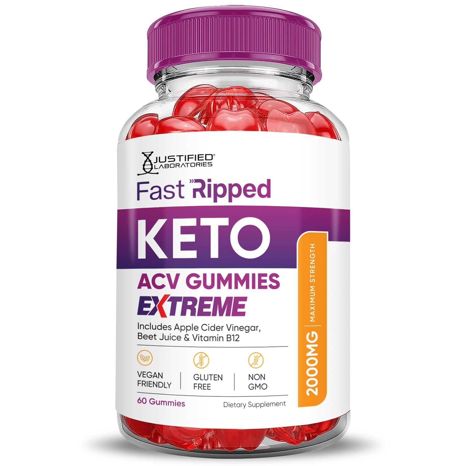 Justified Laboratories Fast Ripped ACV Gummies vitamina B12 para energía diaria.