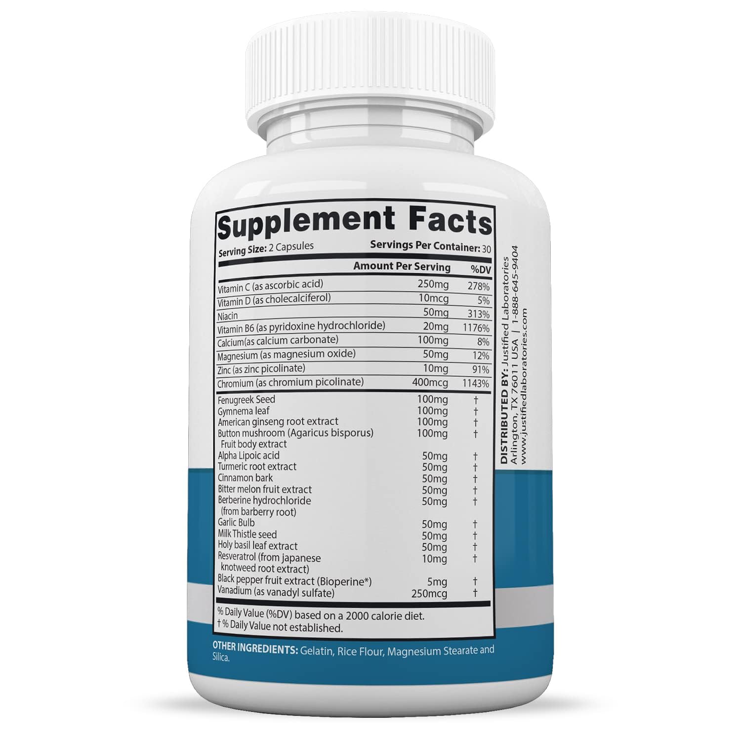 Justified Laboratories Glucotrust Max, dosis diaria con dos cápsulas para el consumo.