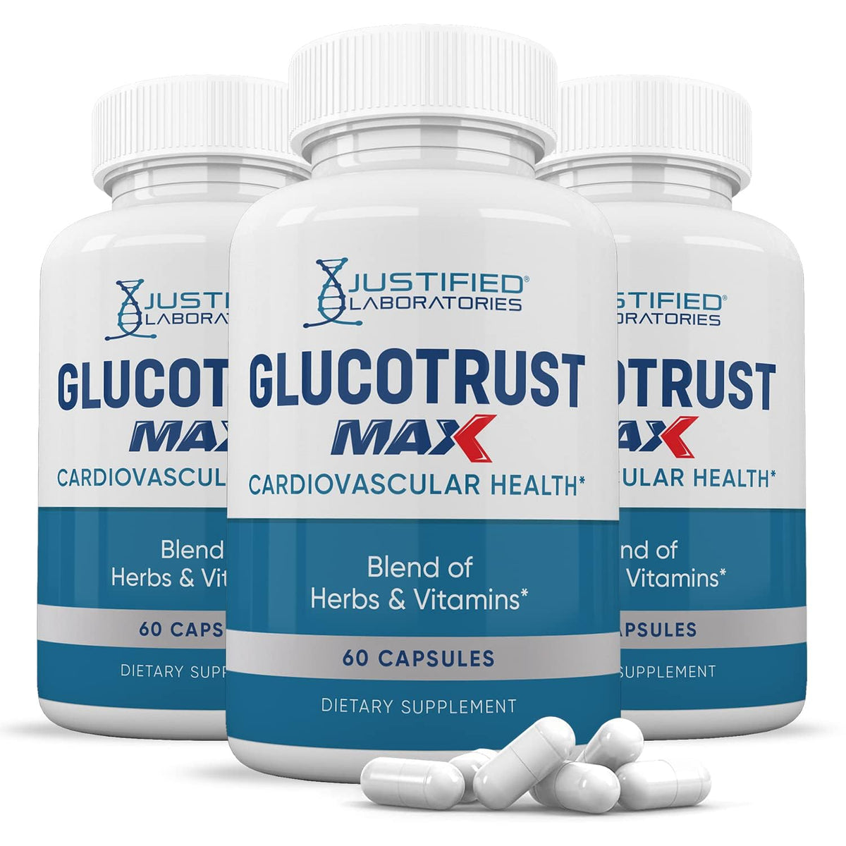 Justified Laboratories Glucotrust Max, botella vertiendo, facilita la dosis diaria