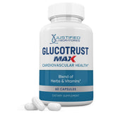 Justified Laboratories Glucotrust Max, cápsulas frente a la botella, apoyo diario para el bienestar