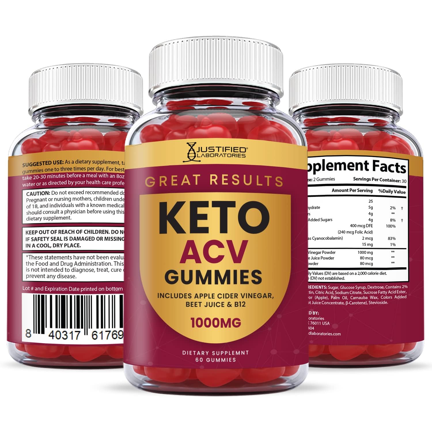 Justified Laboratories gominolas keto acv 1000 mg para consumo rápido.
