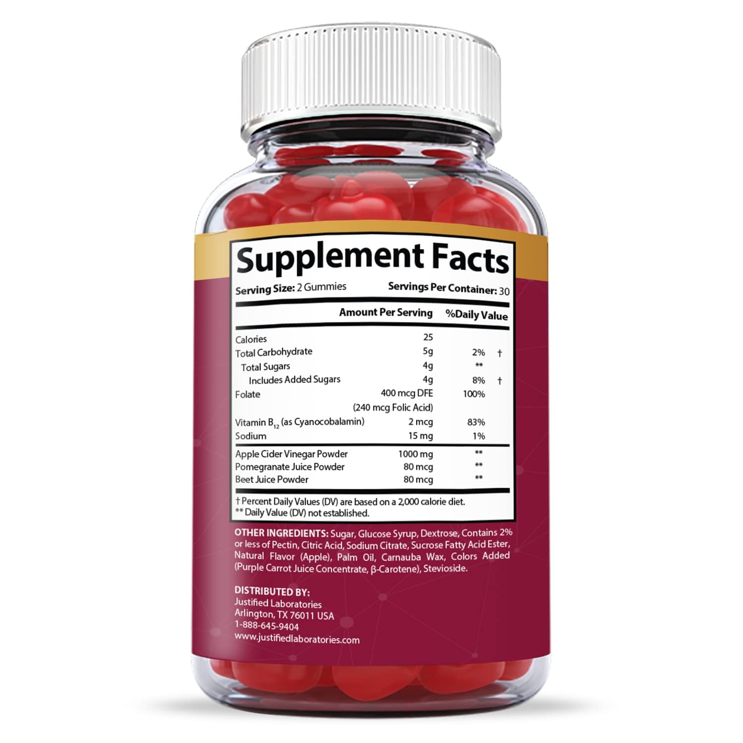 Justified Laboratories gominolas keto con ACV 1000 mg, detrás: etiqueta clara y beneficios potenciales.