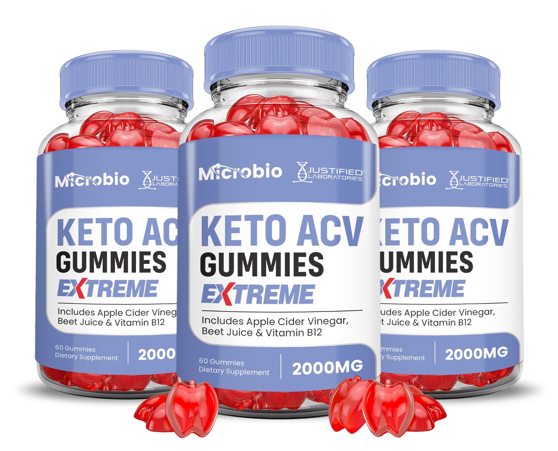 Justified Laboratories gomitas Microbio Keto ACV en bote, sabor agradable y uso diario práctico.