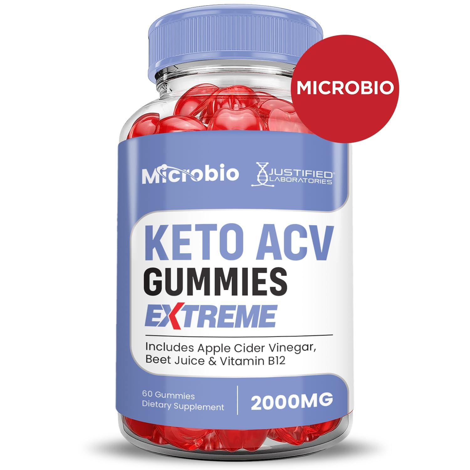 Justified Laboratories gomitas Microbio Keto ACV, ingredientes visibles y de calidad.