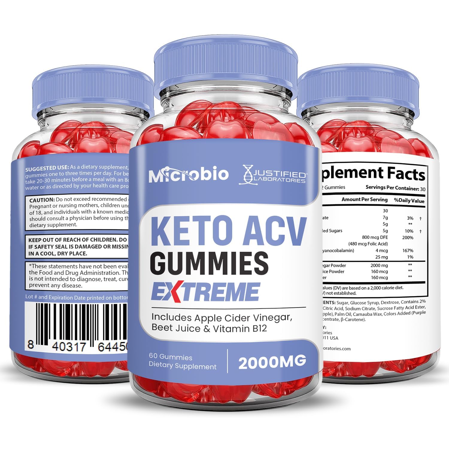 Justified Laboratories gomitas Microbio Keto ACV, ideales para uso diario y conveniente.