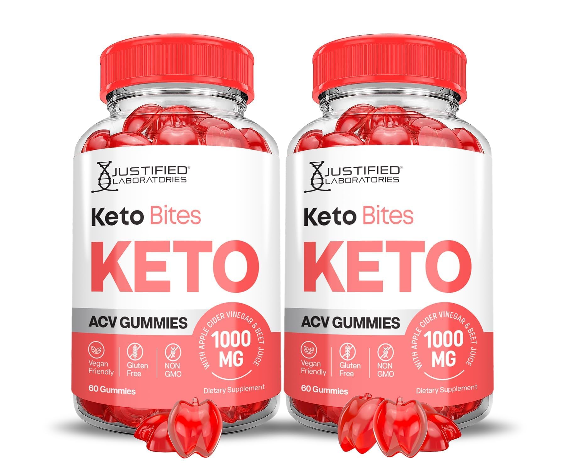 Justified Laboratories Keto Bites ACV Gummies, empaque compacto para llevar.