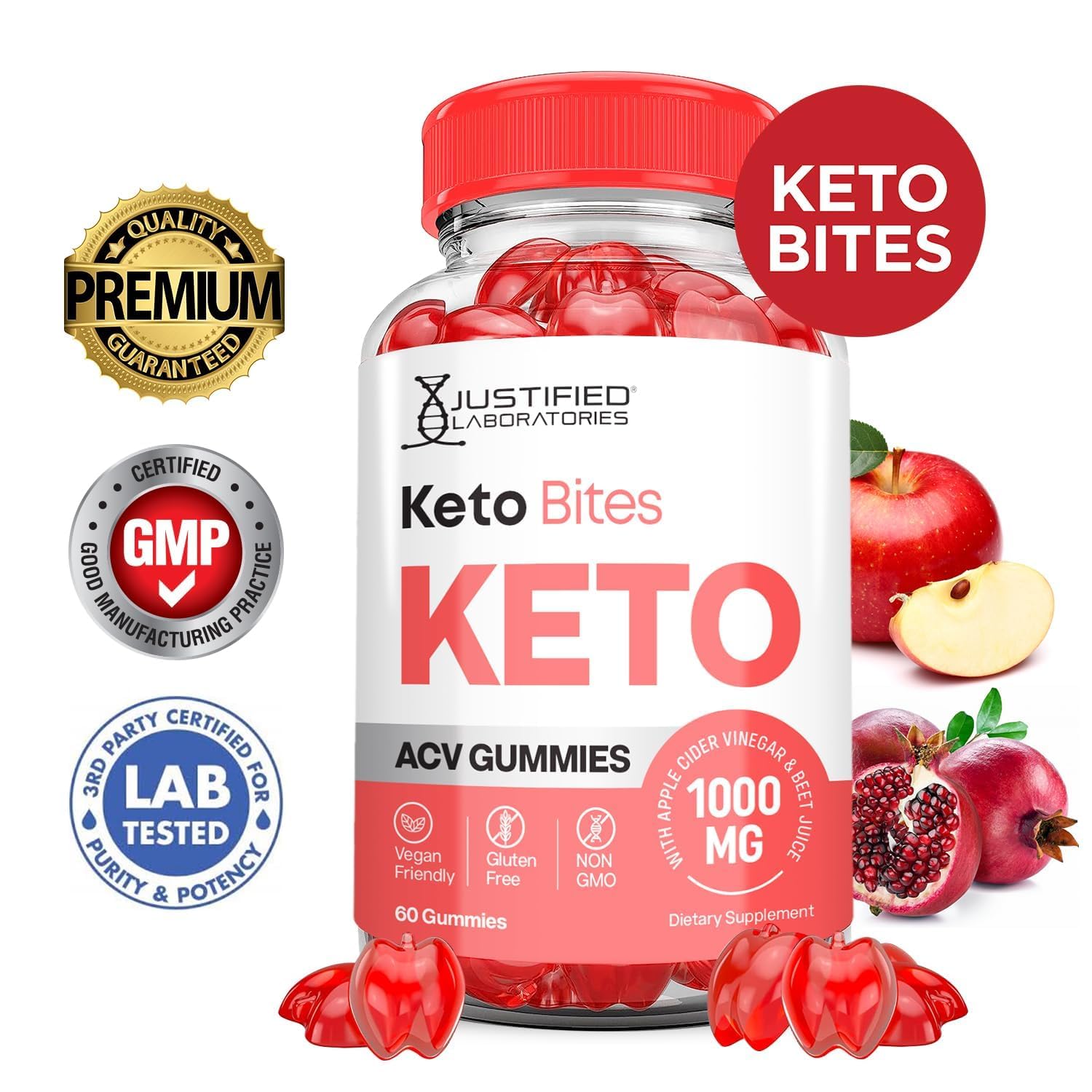 Justified Laboratories Keto Bites ACV Gummies, ingredientes clave como beet y B12.