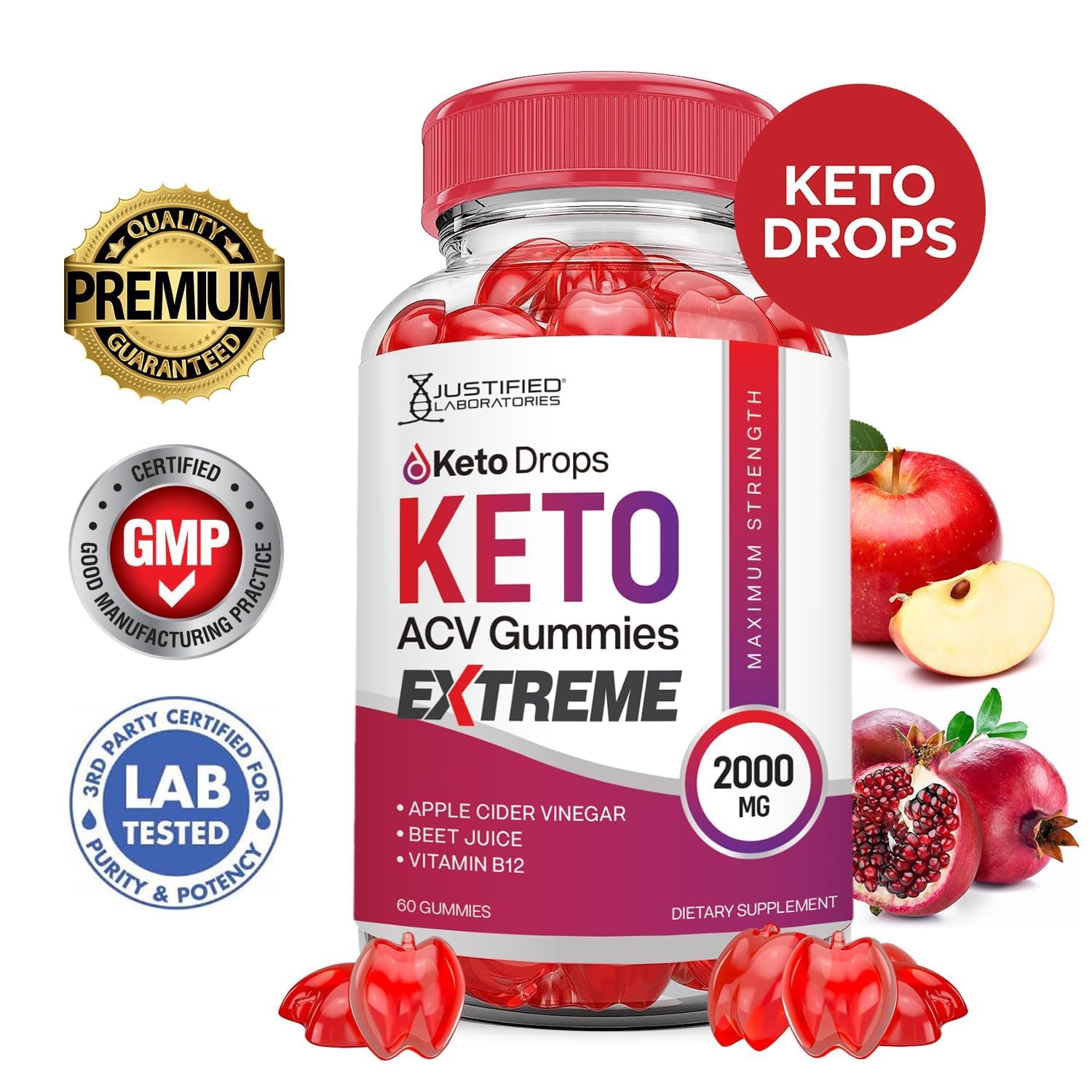 Justified Laboratories Keto Drops Gummies: sabor frambuesa-granada para dosis diaria.