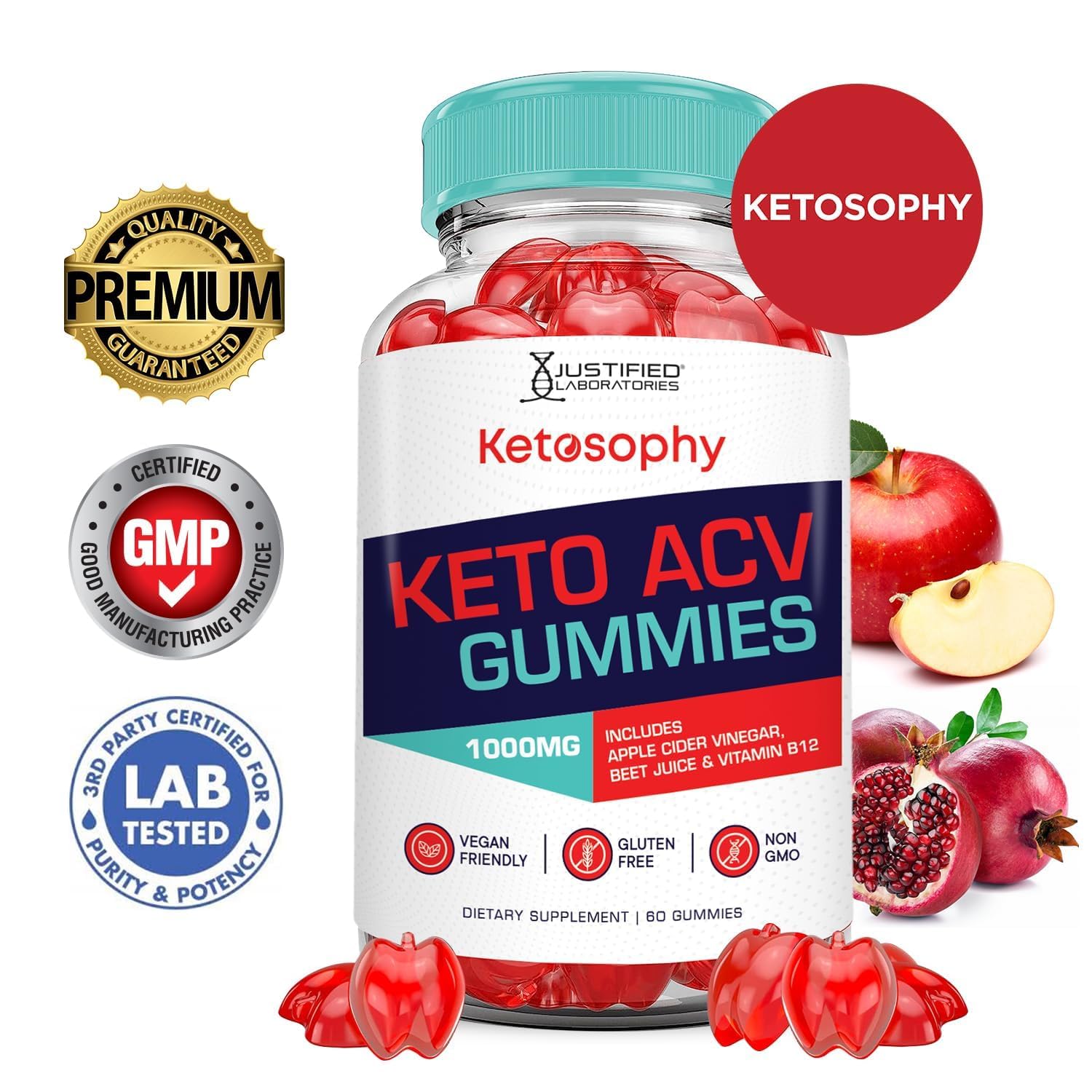 Justified Laboratories Ketosophy Gummies: envase de vidrio para almacenamiento práctico.