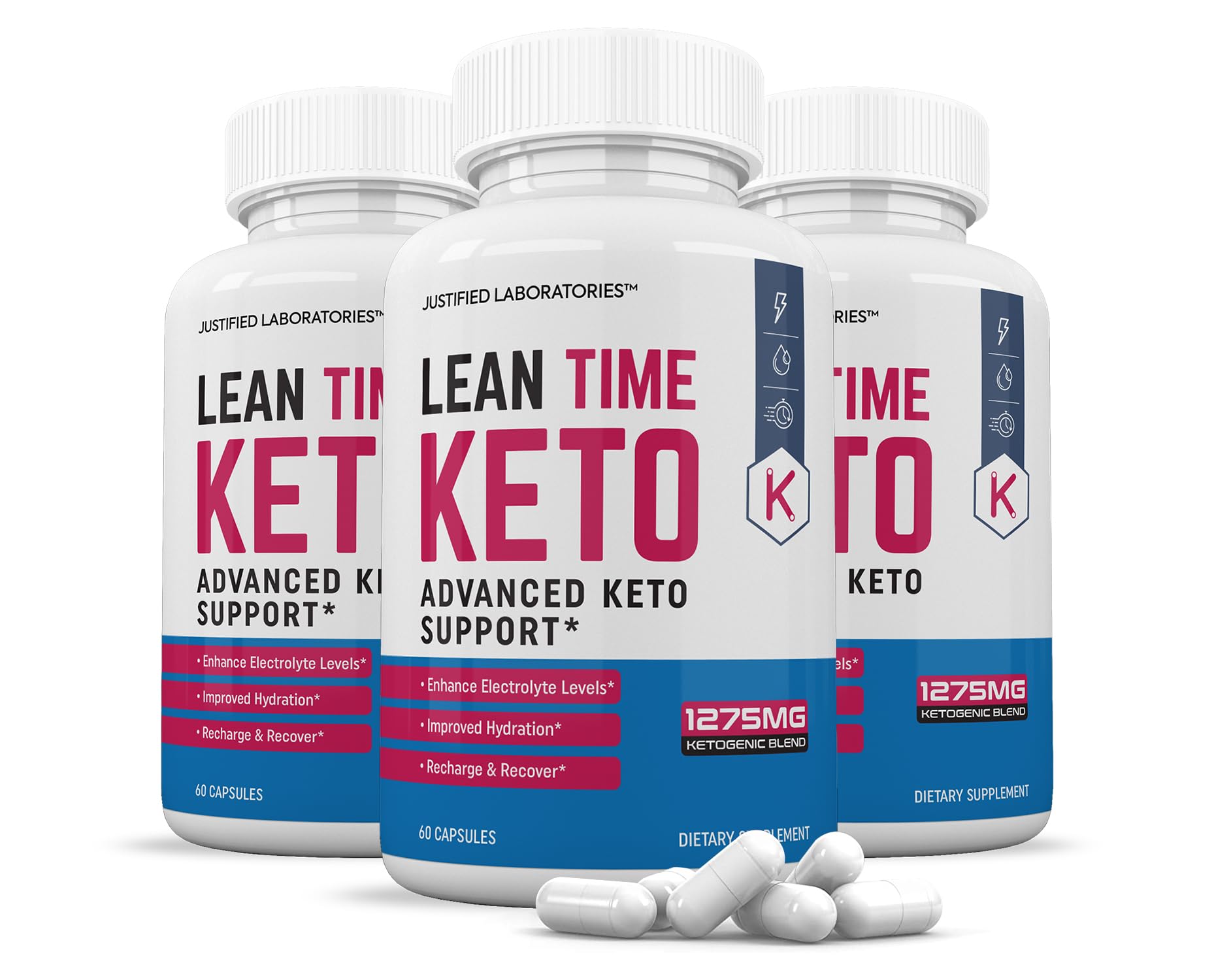 Justified Laboratories Lean Time Keto, capsulas en botella, apoyo practico para un plan cetogenico.