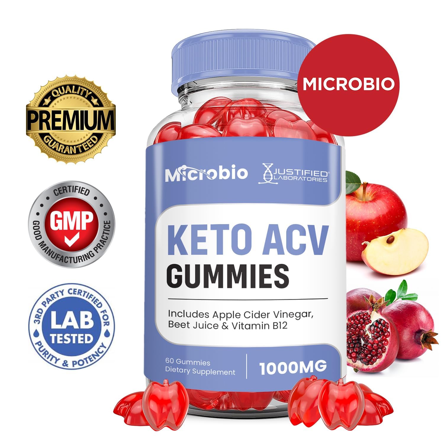 Justified Laboratories Microbio Keto ACV Gummies, con jugo de granada y remolacha en polvo, B12.