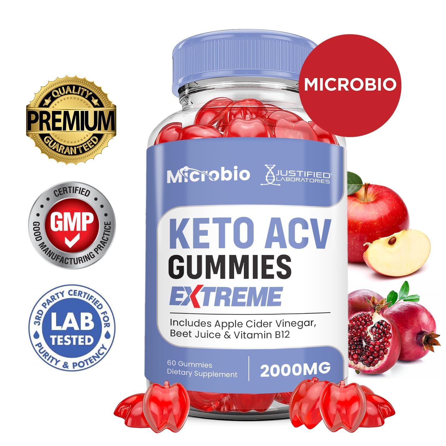 Justified Laboratories Microbio Keto ACV Gomitas: ingredientes clave remolacha y granada para sabor