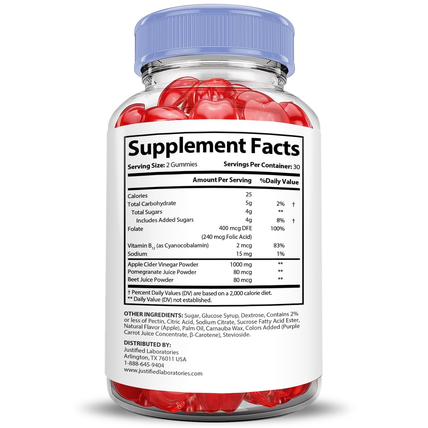 Justified Laboratories Microbio Keto ACV Gummies, textura suave por pectina, masticación agradable.