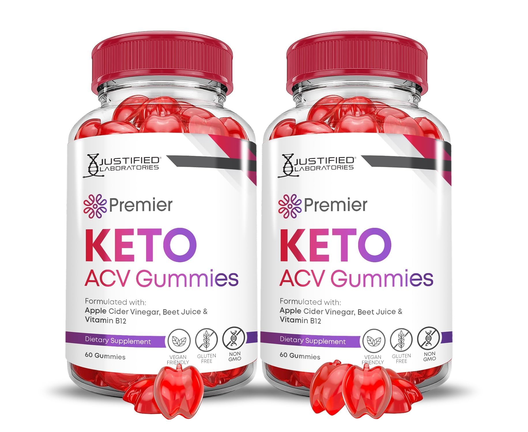 Justified Laboratories Premier Keto ACV Gummies en bote para ingesta diaria conveniente