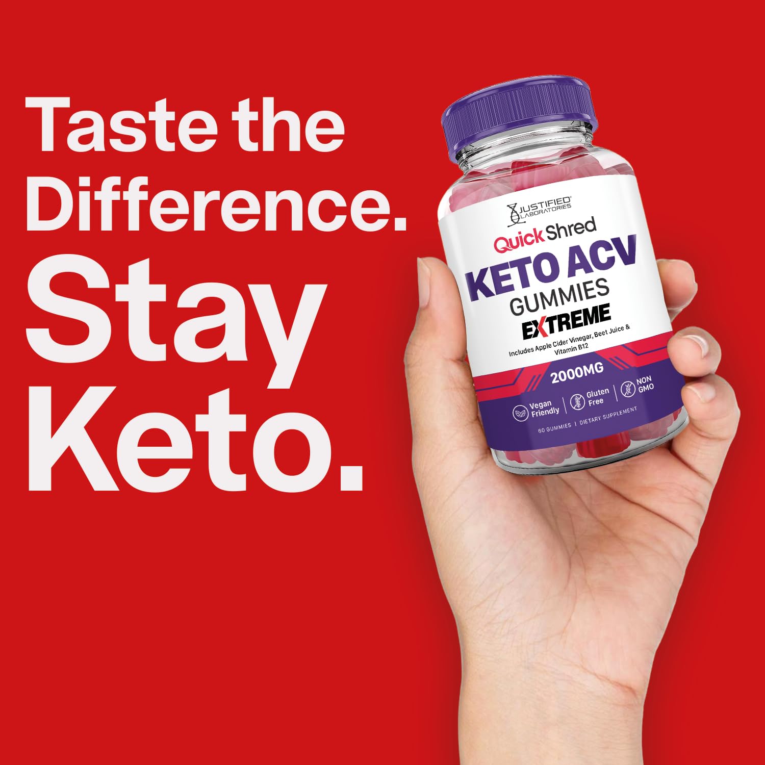 Justified Laboratories Quick Shred Keto ACV Gummies Extreme en botella, snack para energía diaria