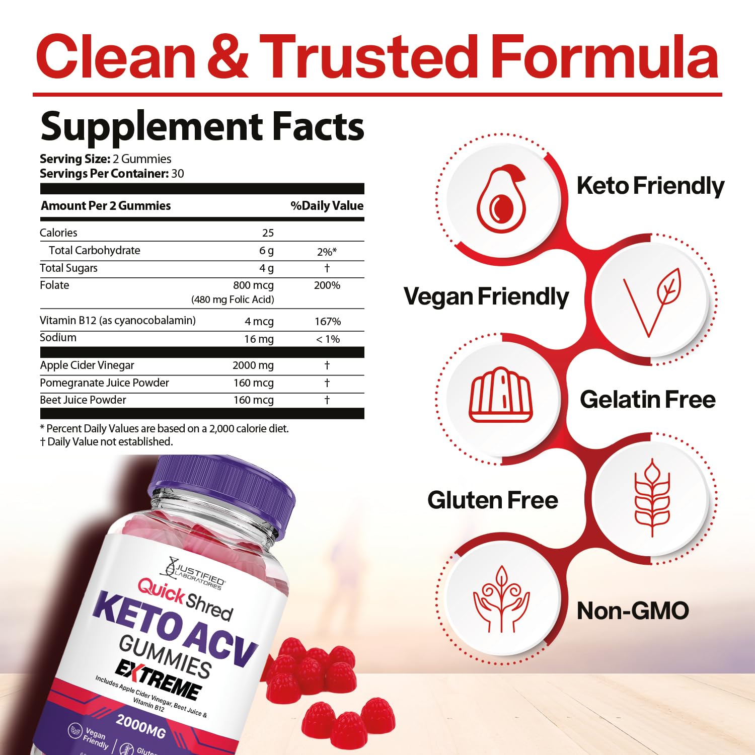 Libre de gluten y gelatina, Justified Laboratories Quick Shred Keto ACV para uso diario