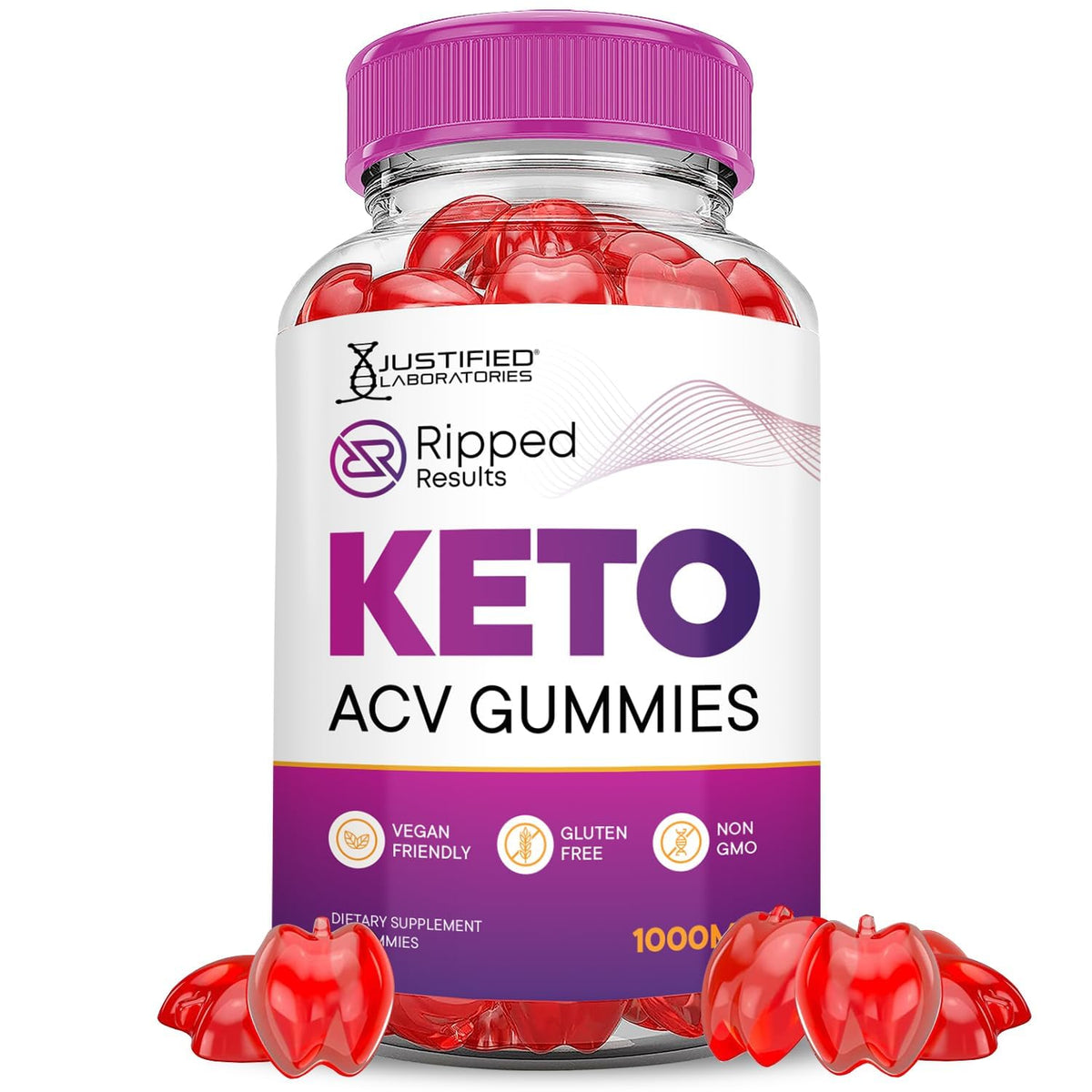 Justified Laboratories Ripped Results Keto ACV Gummies botella consumo diario fácil y sabroso.