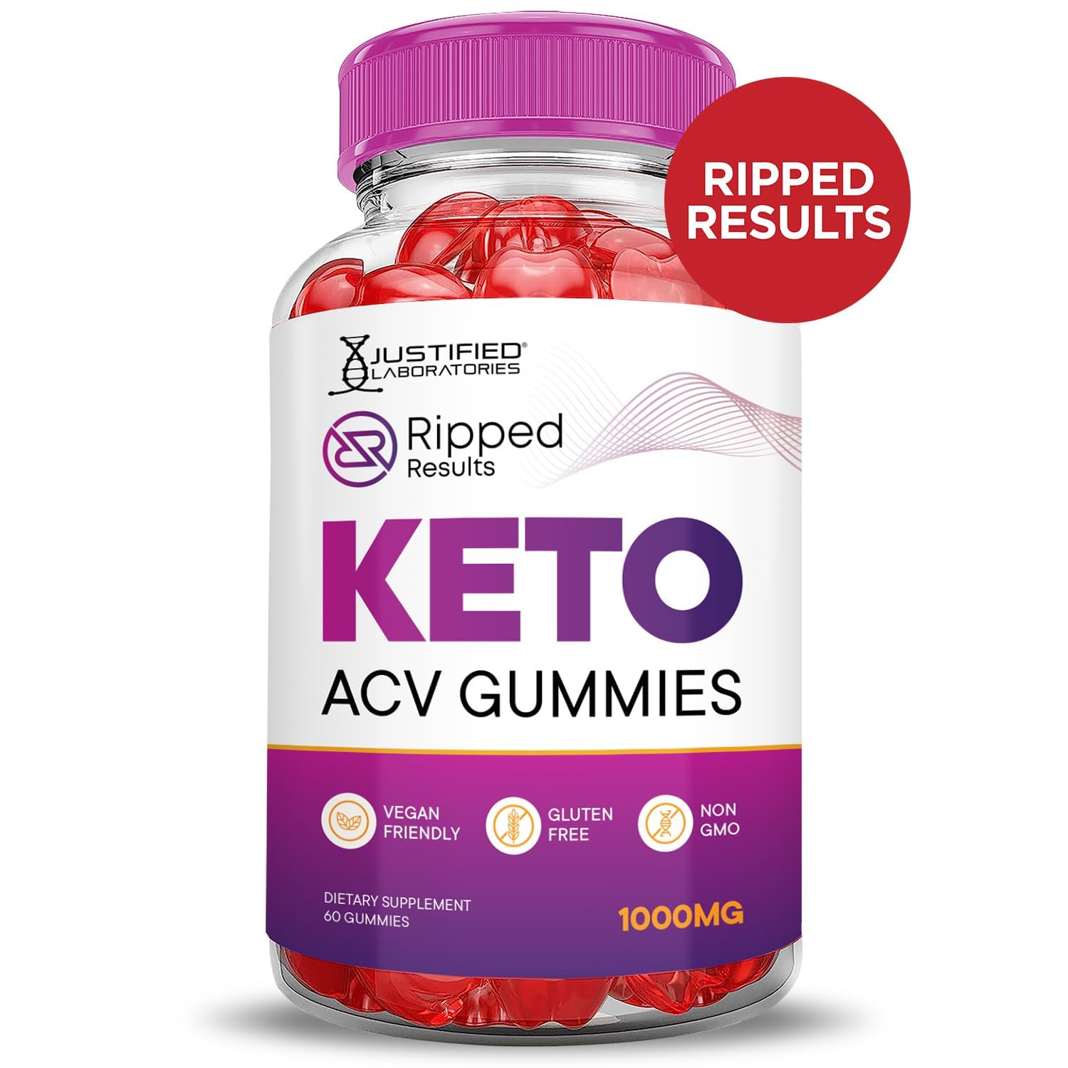 Justified Laboratories Ripped Results Keto ACV Gummies envase destacando 1000 mg de ACV.