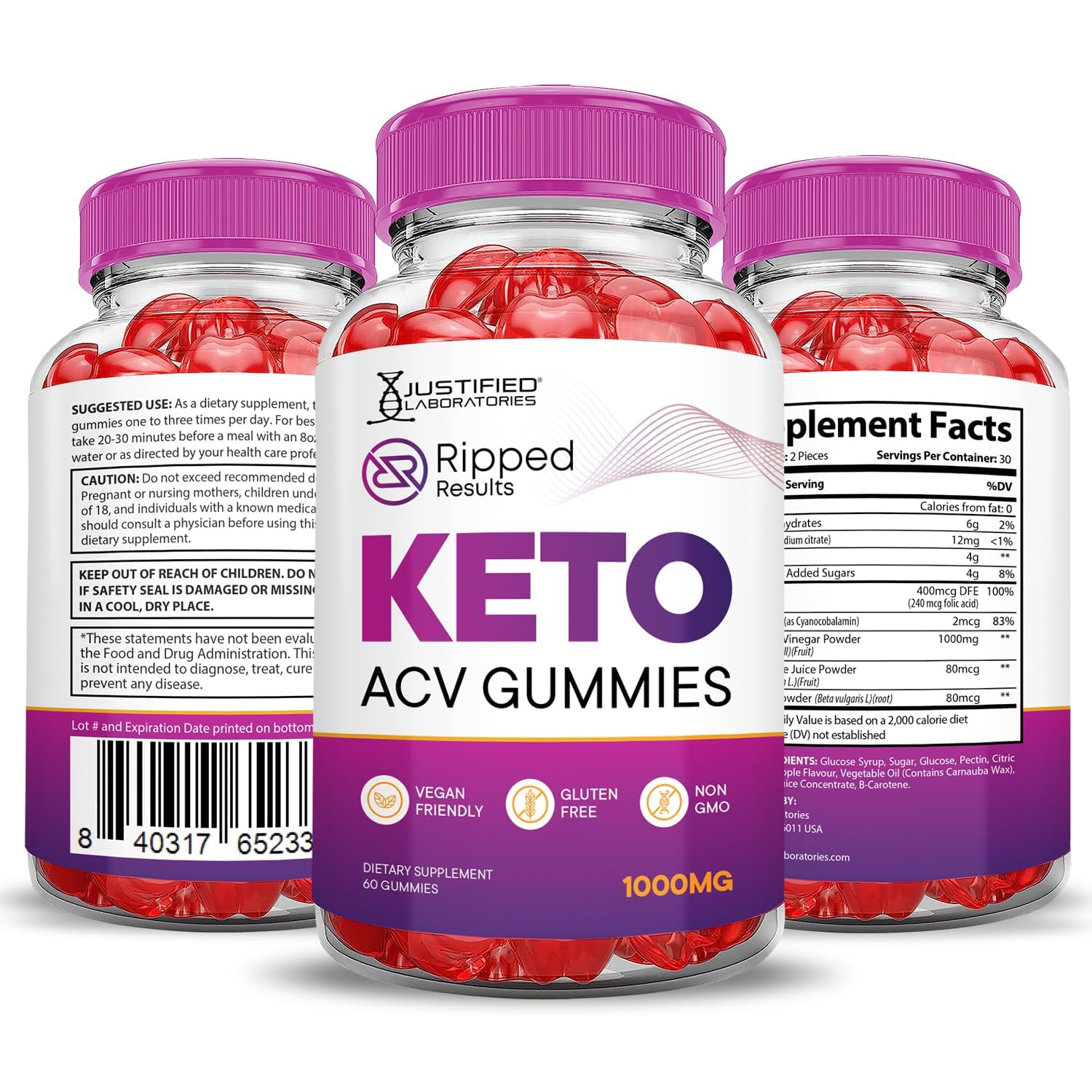 Justified Laboratories Ripped Results Keto ACV Gummies gominolas veganas sin transgénicos.