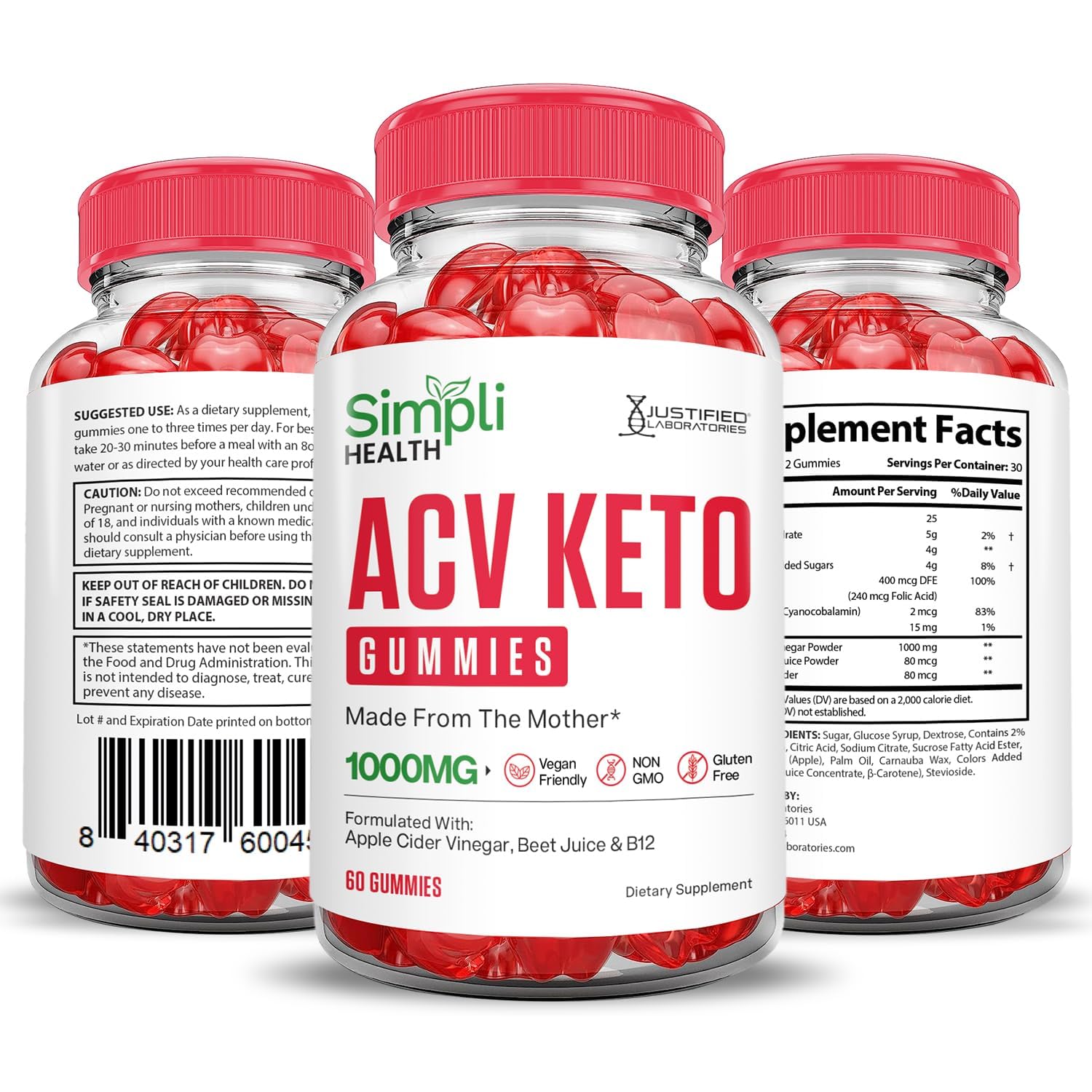 Justified Laboratories Simpli Health Keto ACV Gomitas embalaje atractivo para la compra.
