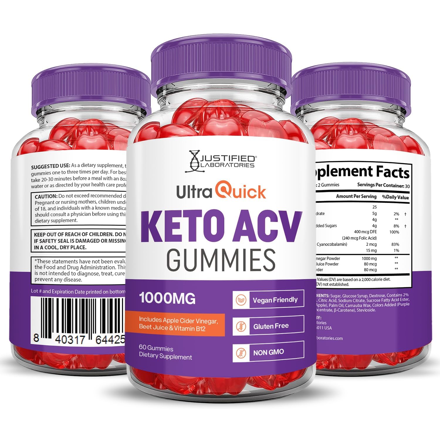 Justified Laboratories gomitas Ultra Rápidas con ACV, certificaciones GMP y pruebas externas.