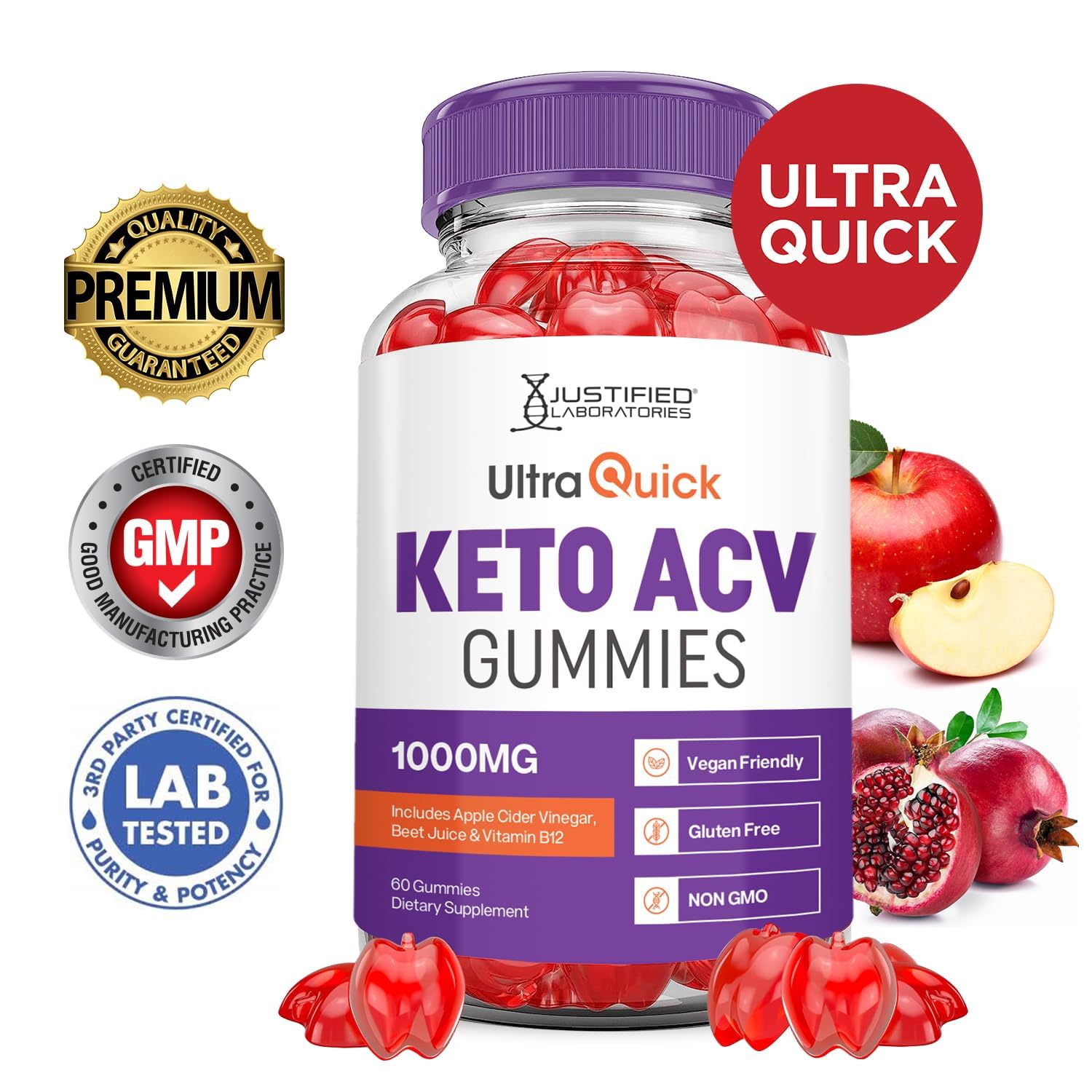 Justified Laboratories gomitas Ultra Rápidas con ACV, ingredientes clave como jugo de remolacha y granada.