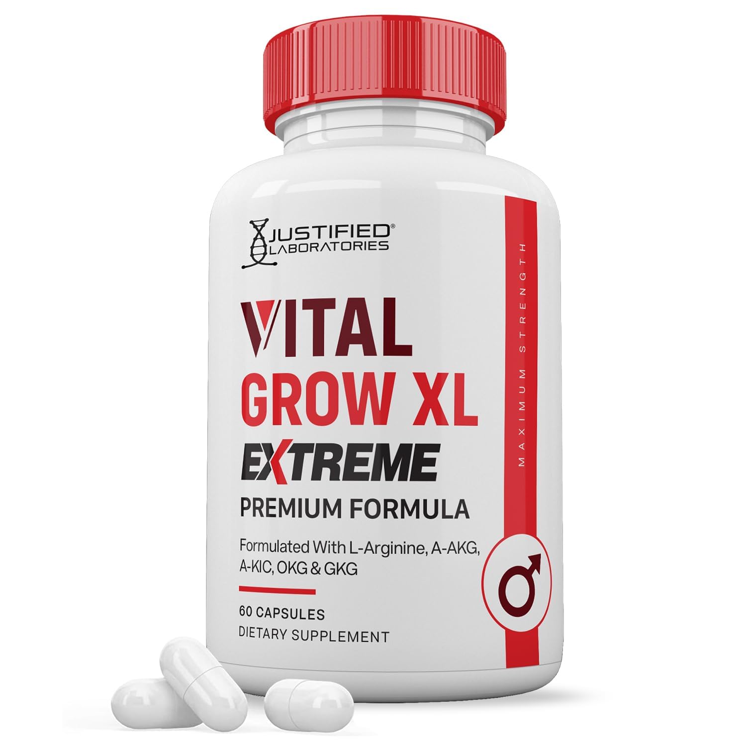 Justified Laboratories Vital Grow XL Extreme pildoras frente ofrecen posible apoyo diario al bienestar.