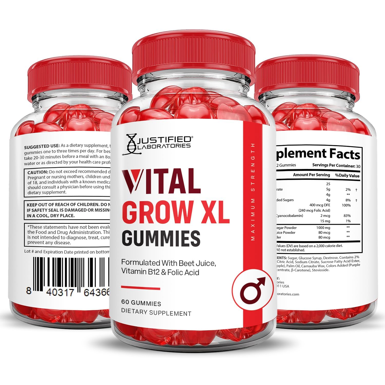 Justified Laboratories Vital Grow XL gomitas para uso diario, consumo sencillo en cualquier momento.
