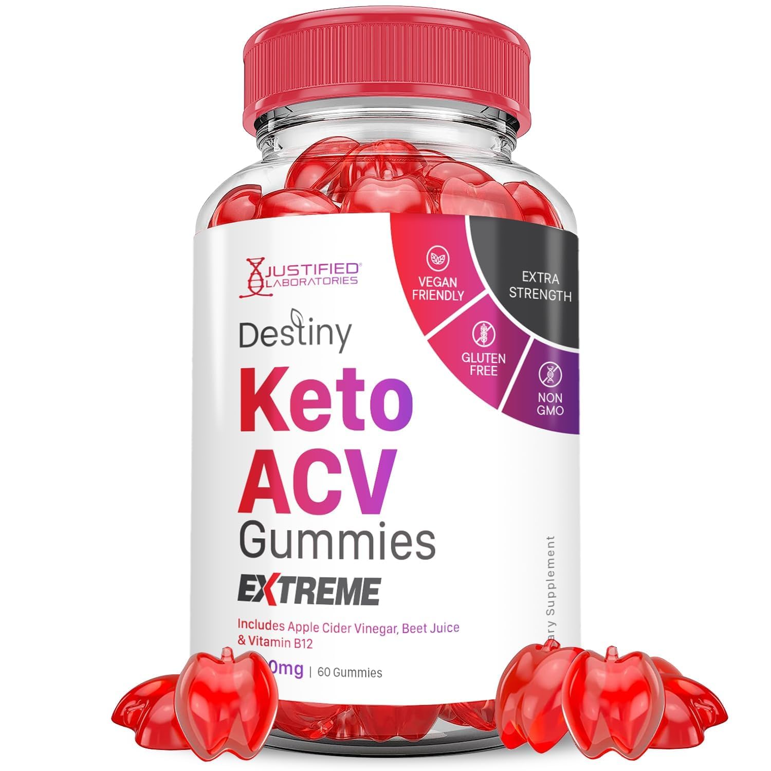 Justified Laboratories Destiny Keto ACV Gummies en botella, sabor delicioso para una merienda diaria