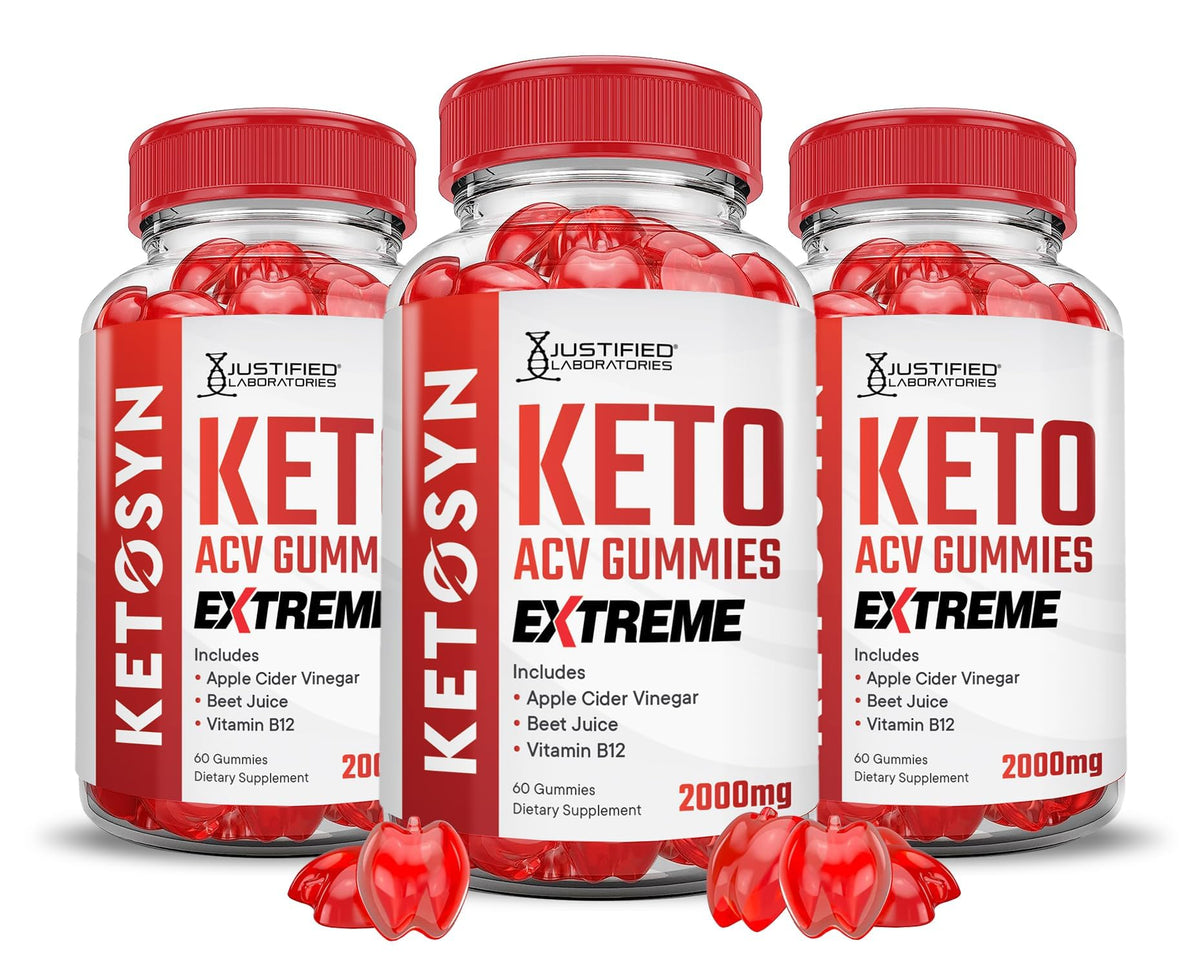 Justified Laboratories Ketosyn ACV gomitas en empaque frontal, dosis diaria conveniente.