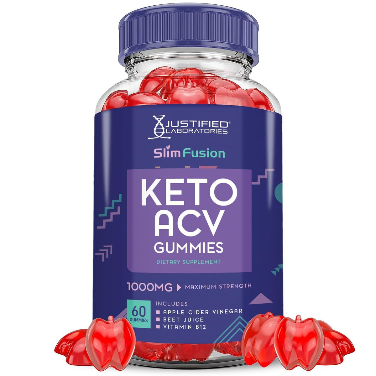 Justified Laboratories Slim Fusion Keto gominolas en bote, snack conveniente.
