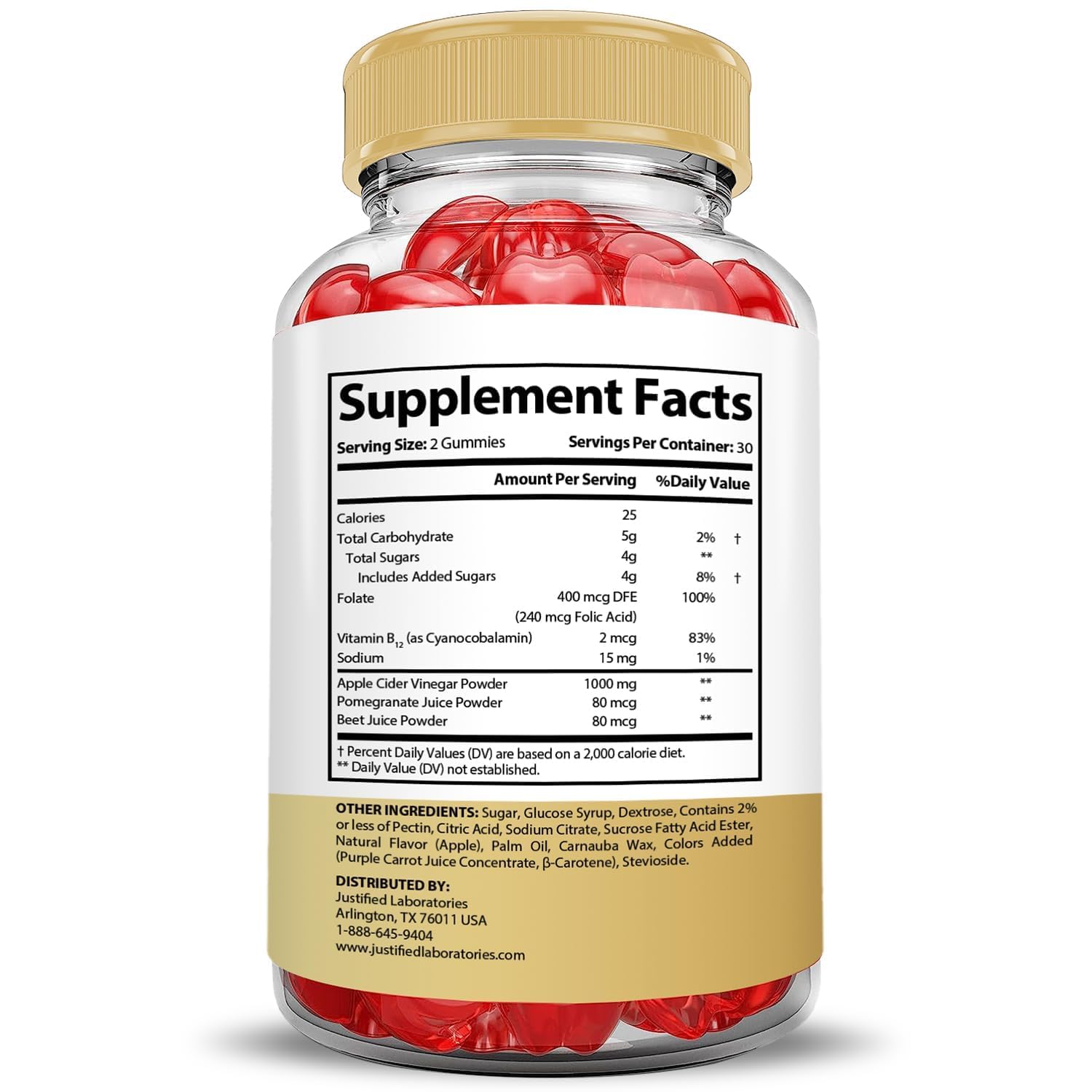 Justified Laboratories Speedy Keto ACV Gummies, bote lateral, conveniencia diaria en una gominola vegana.