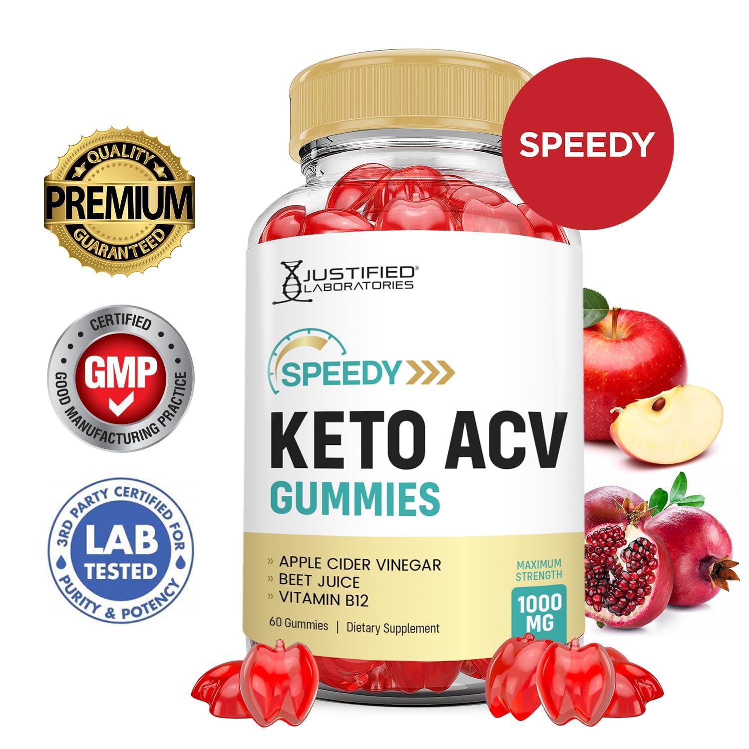 Justified Laboratories Speedy Keto ACV Gummies, etiqueta frontal, guía clara de ingredientes y beneficios.
