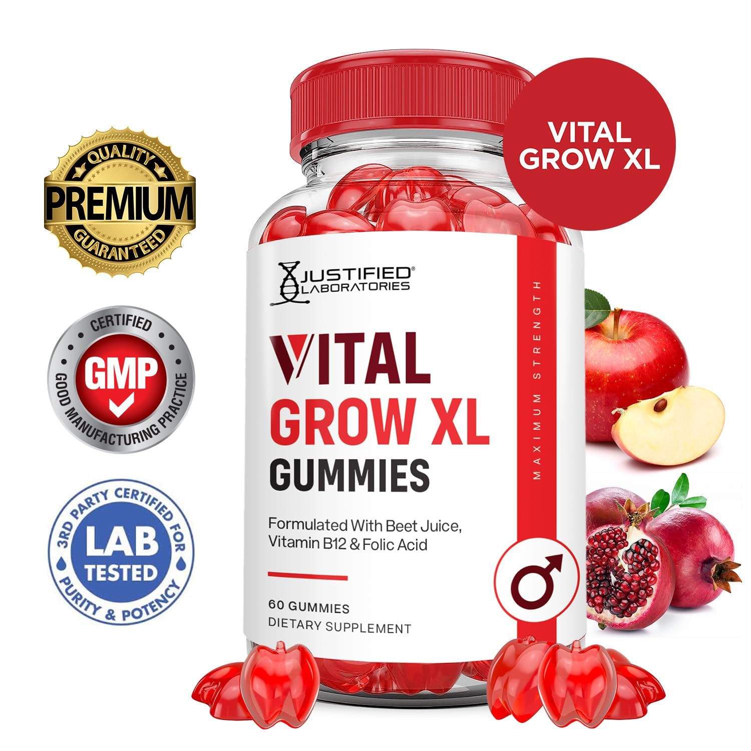 Justified Labs Vital Grow XL con jugo de granada y remolacha para apoyo nutricional.