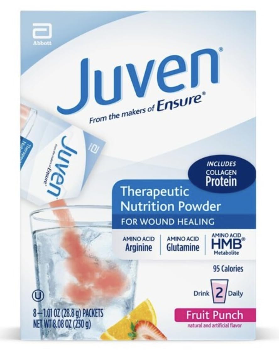 Bote de Juven con polvo Fruta Punch, visual para nutrición de apoyo en momentos críticos.