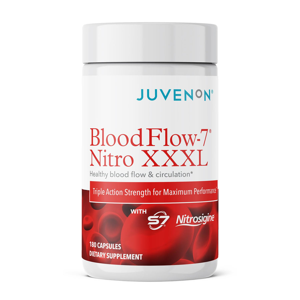 Juvenon BloodFlow-7 XXXL: botella en mesa con posible impulso de energía para entrenos