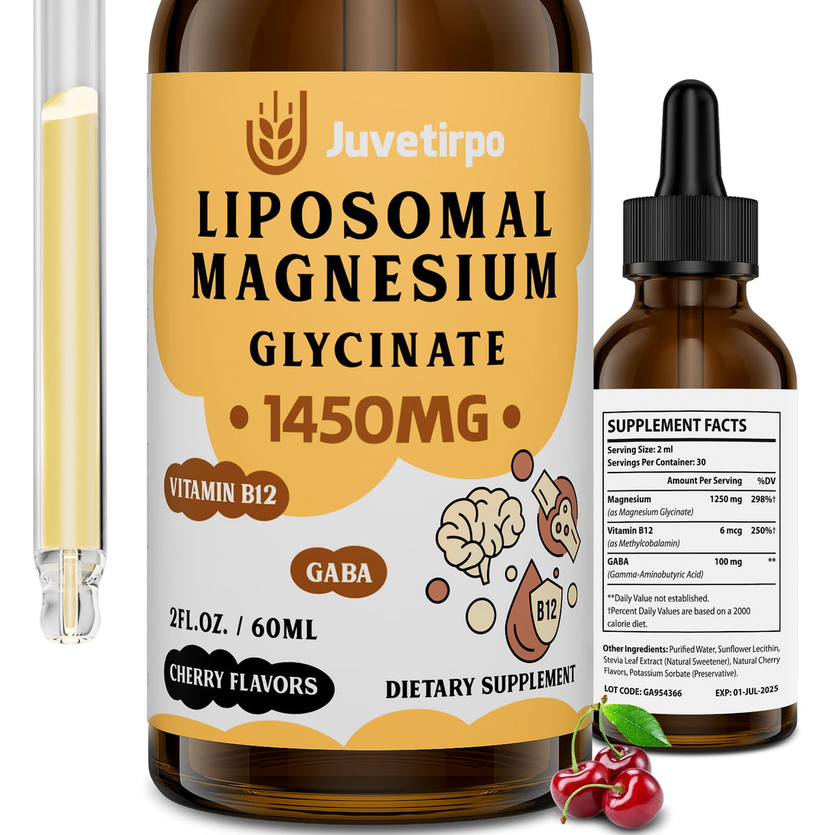 Gotas liposomadas Juvetirpo Magnesio Glicinato, sabor cereza, mejor absorción.