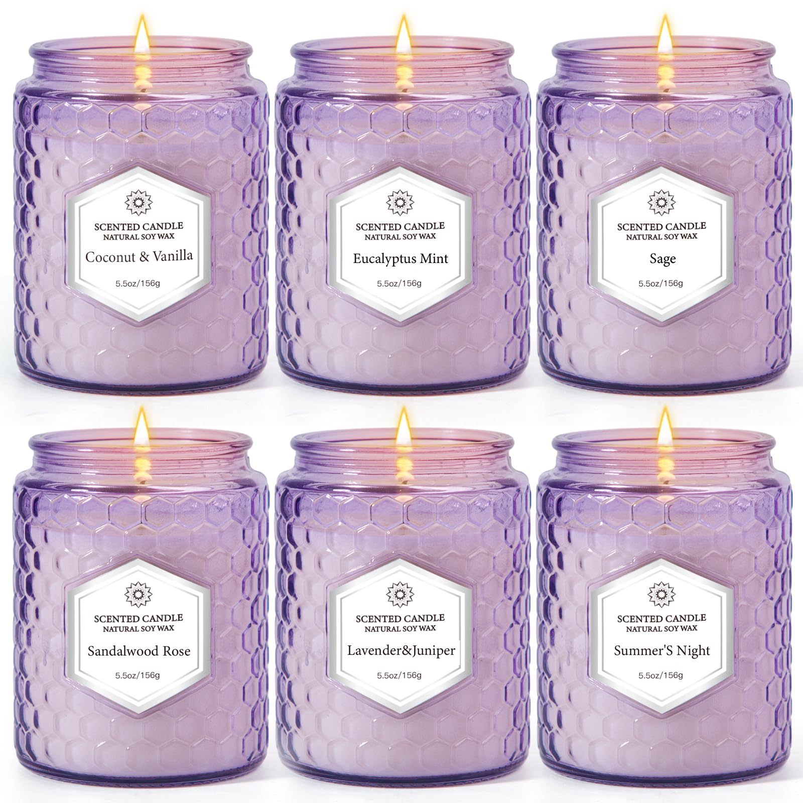 Velas JXDLSQ en conjunto de 6, tazas púrpuras grabadas para ambiente acogedor