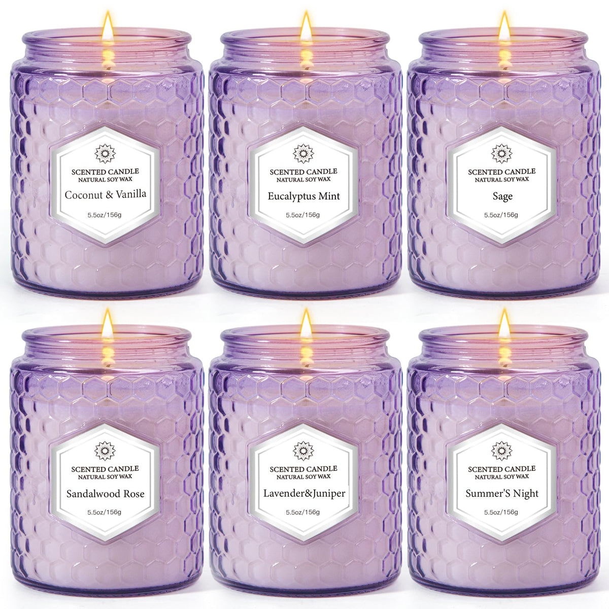 Velas JXDLSQ en conjunto de 6, tazas púrpuras grabadas para ambiente acogedor