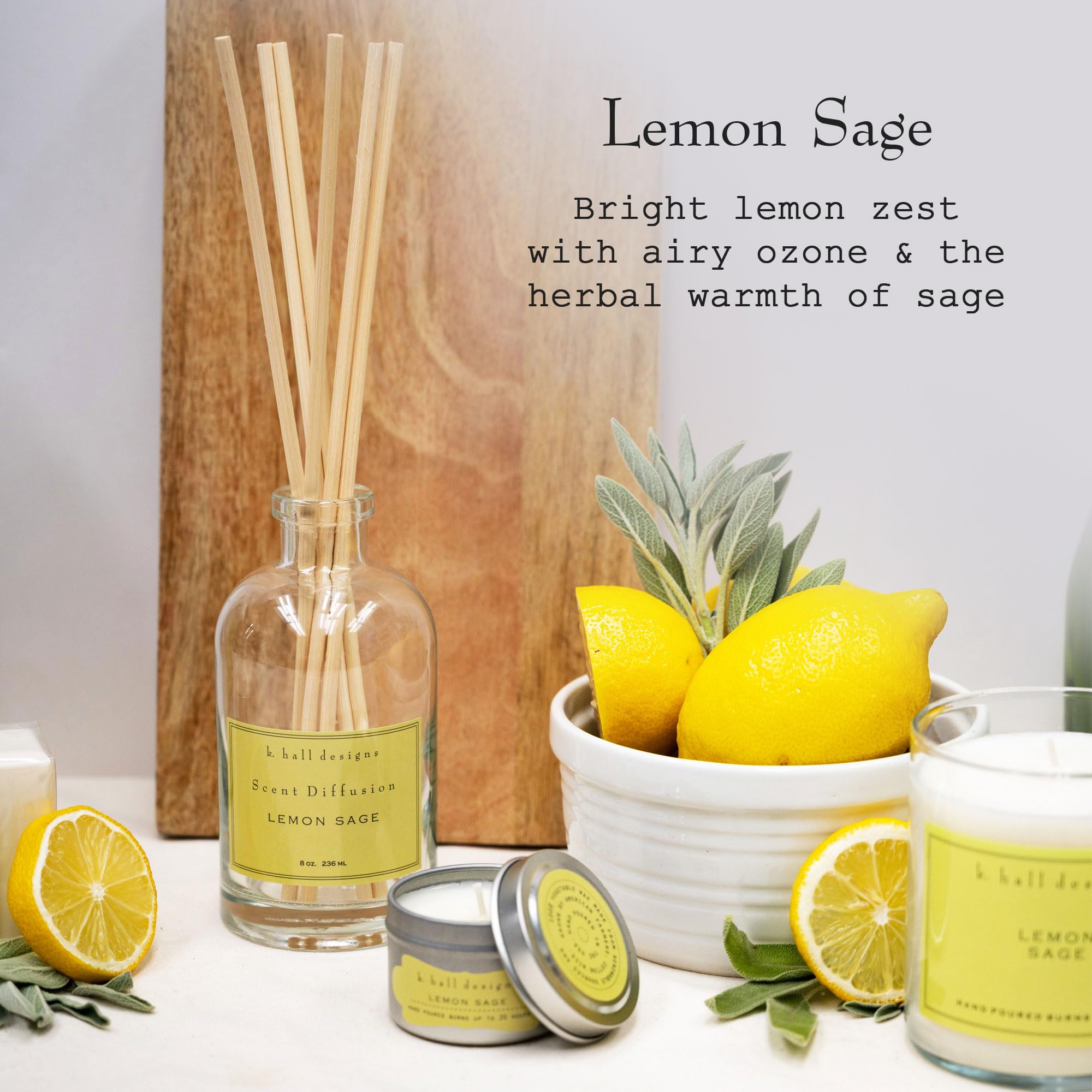 K. Hall Designs aroma cítrico-herbal para ambientes tranquilos y revitalizantes.