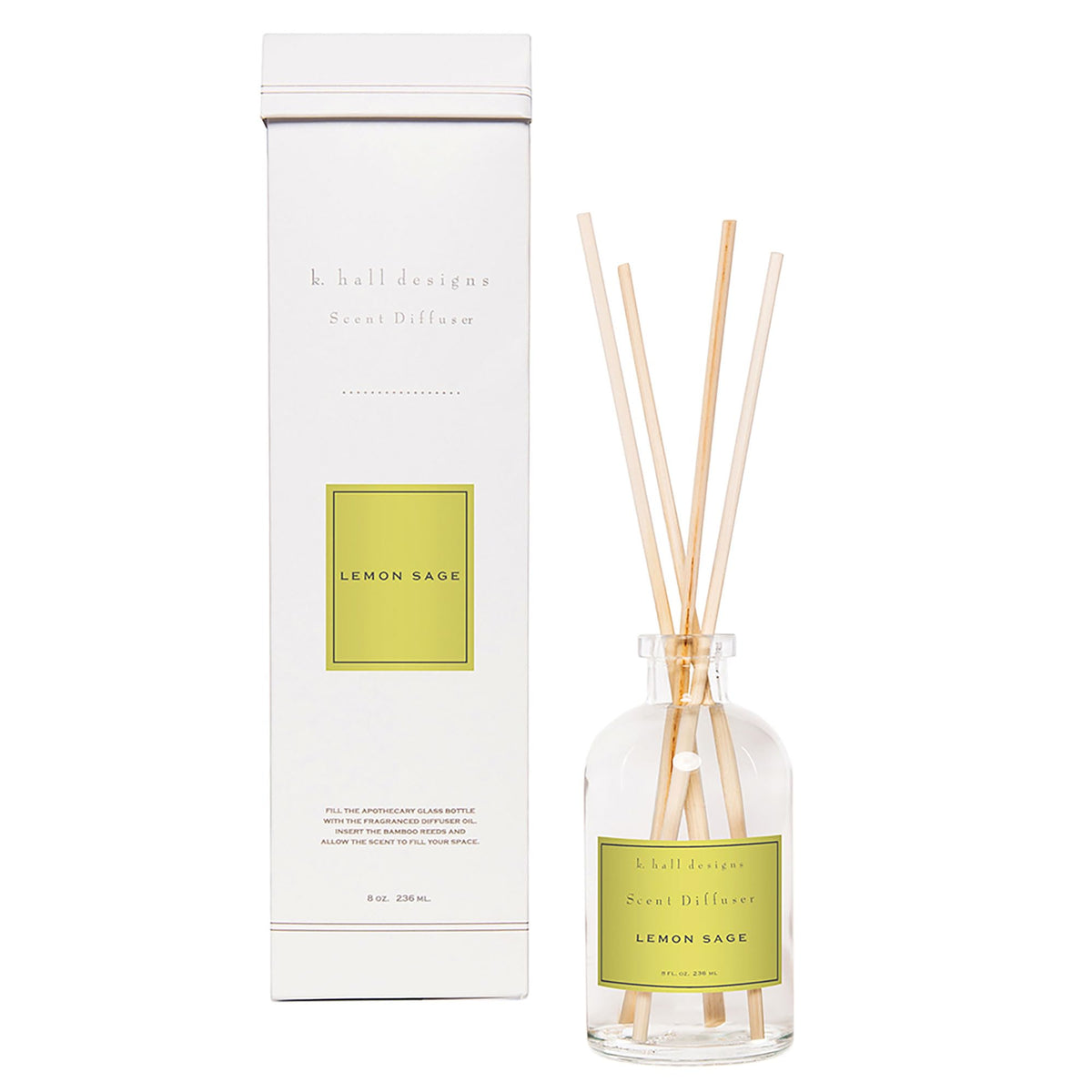 K. Hall Designs Lemon Sage en caja: ambientación elegante y aroma cítrico en sala.