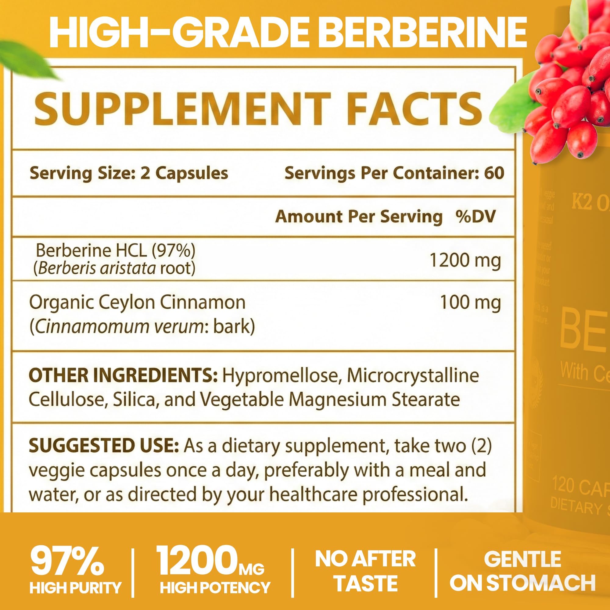 K2 Organics Berberina, cápsulas fáciles de tragar para uso diario