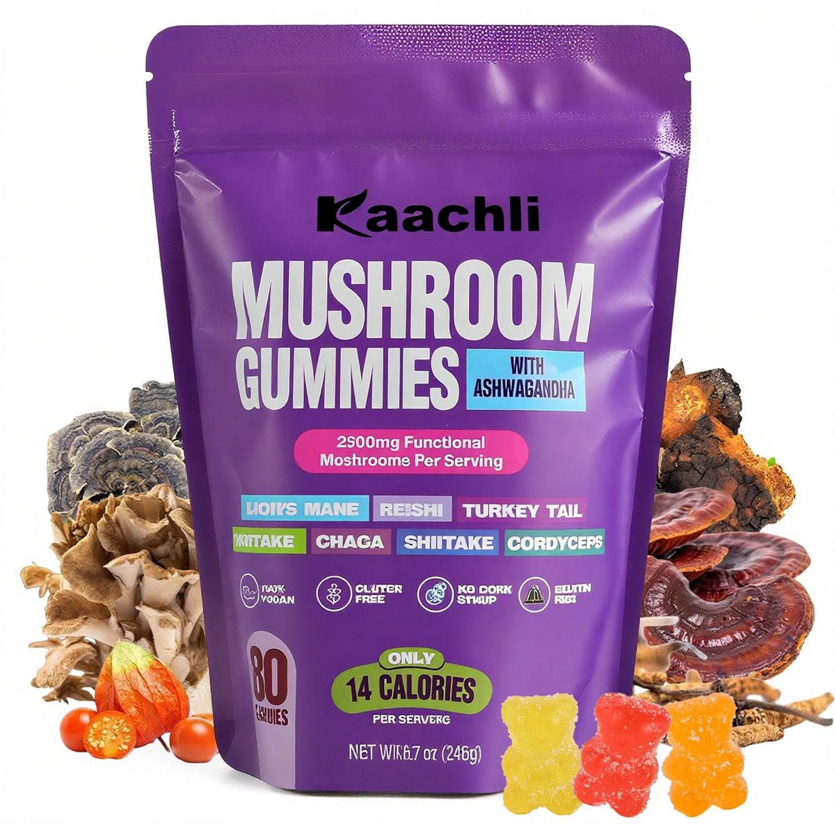 KAACHLI gominolas de Ashwaganda y hongos, sabor afrutado para enfoque diario.