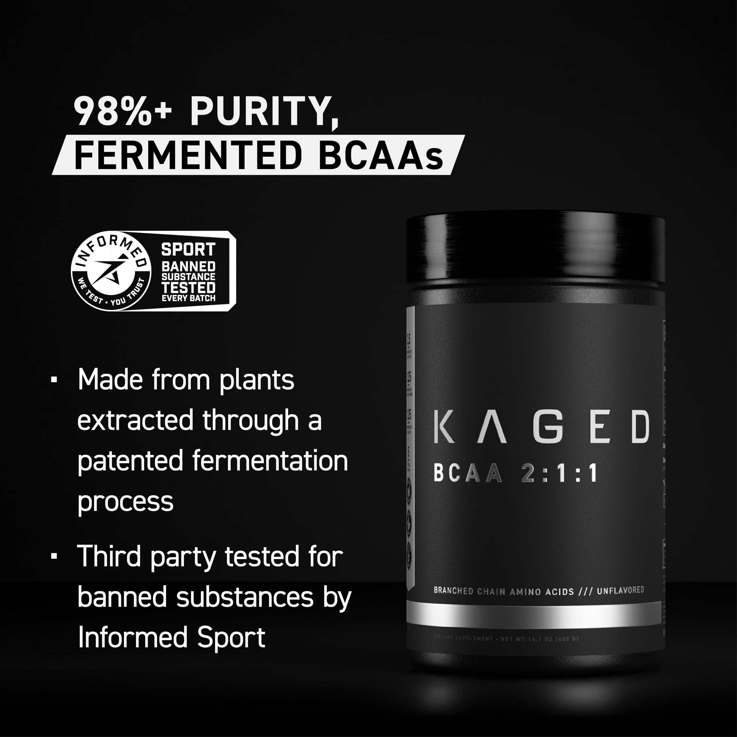 Kaged BCAA envase práctico, ideal para uso diario.