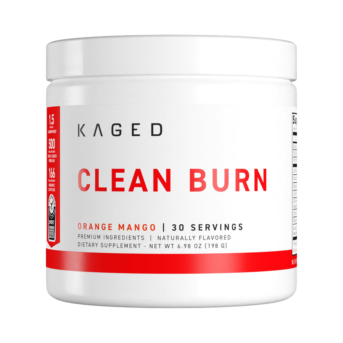 Kaged Clean Burn frasco y etiqueta, atractivo en la estantería para entrenamientos.