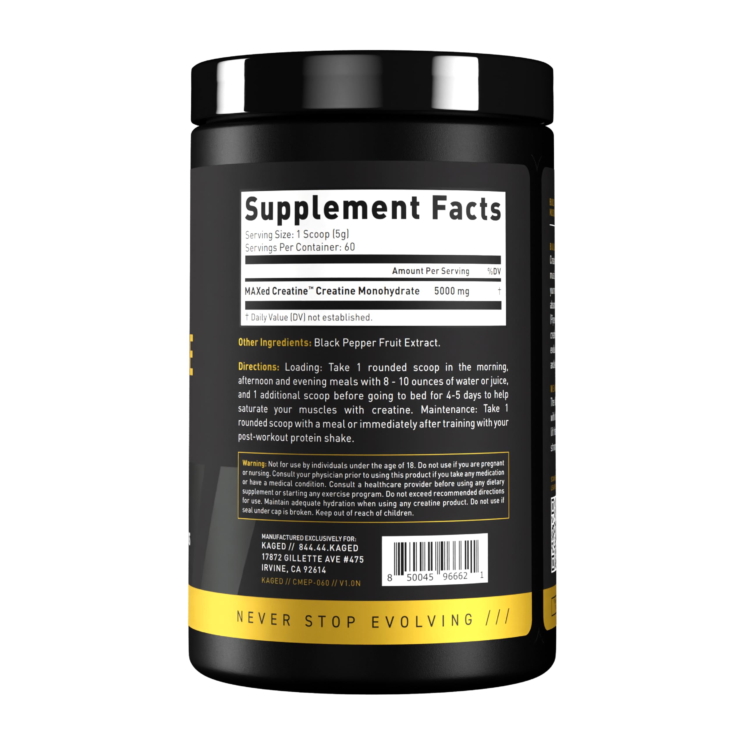 Almacenamiento seguro de Kaged Creatine Elite en armario seco.